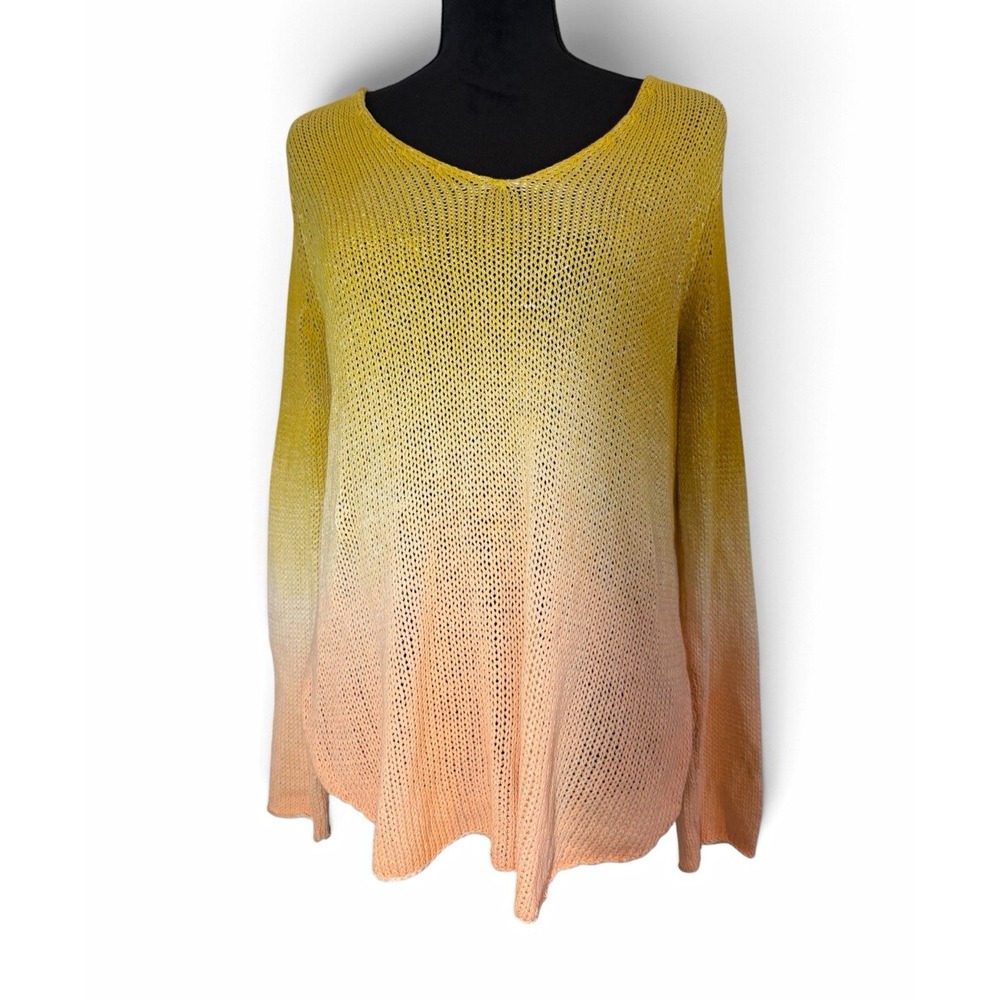 Wooden Ships Sweater Womens S/M Ombre Yellow Pink V Neck Open Knit Coastal Beach